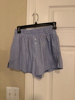 Light Blue Striped Elastic Waist cotton boxer style Shorts for Women